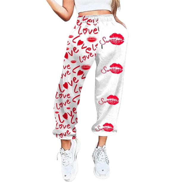 Gibobby pantalones anchos mujer Pantalones de chándal con estampado del día de San Valentín para mujer, bolsillos, cintura alta, deportivos, gimnasio, ajuste atlético, pantalones de jogging (Beige, S)