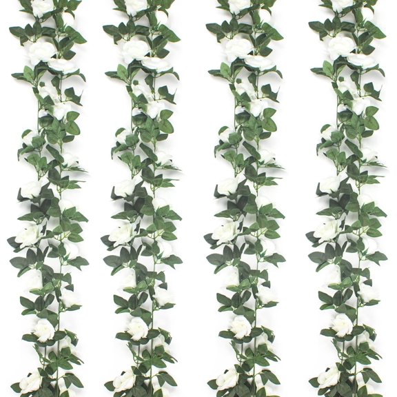 4Pcs(32 FT) Artificial Rose Vine Fake Flower Garland Hanging Rose Ivy Hanging Baskets Wedding Arch Garden Background Decor (Red)