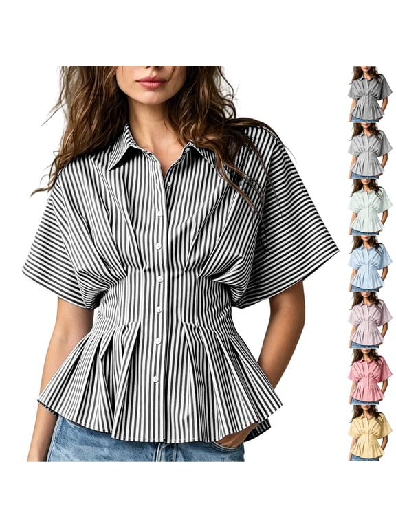 Women's Peplum Striped Shirts Lightweight Thin Collared Button Down Blouses Dressy Casual Batwing Short Sleeve Pleated Waist Tops XL