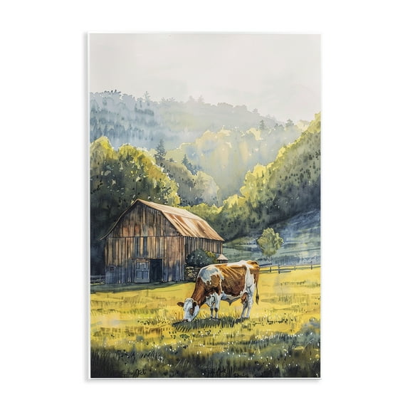 Stupell Industries Brown Spotted Cow Grazing Landscape & Nature Painting Unframed Art Print Wall Art, 10 x 15