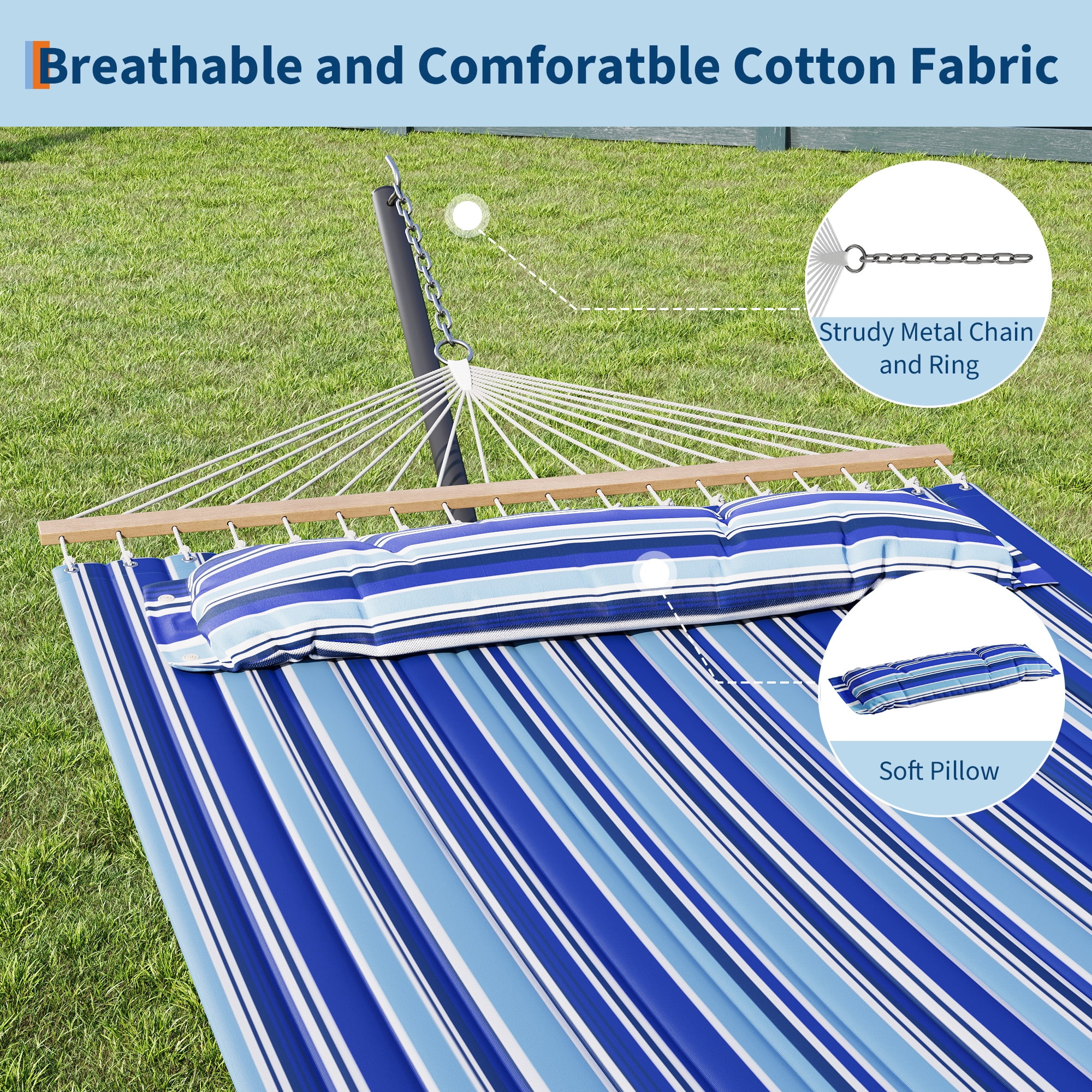IdealHouse 57" Double Hammock with Heavy Duty Stand – 2 Person Hammock, Widening Cotton Fabric Design, 450 LB Capacity for Indoor & Outdoor Use (Blue)