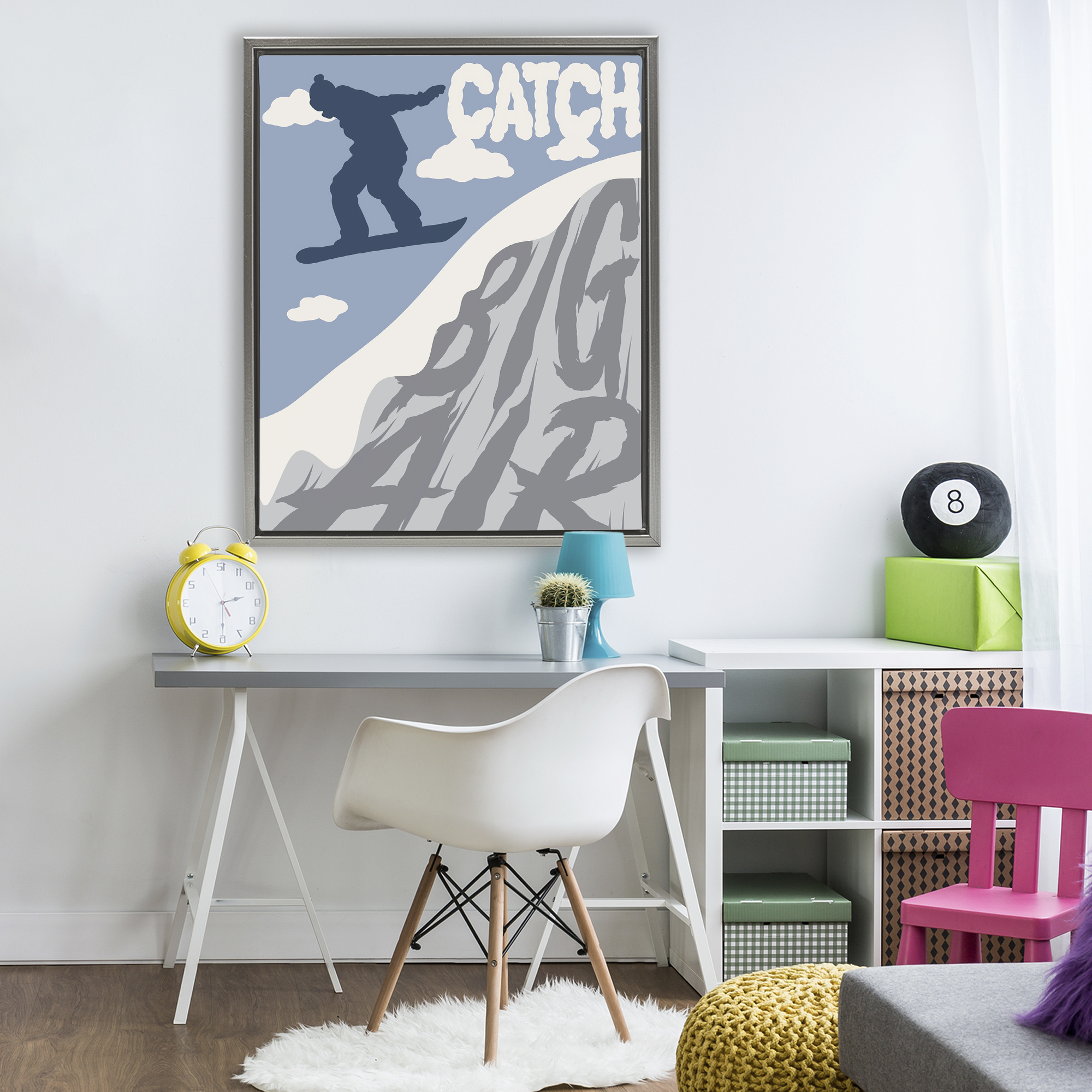 Catch Big Air Snowboard Gray Framed Floater Canvas Wall Art, design by Marcus Prime