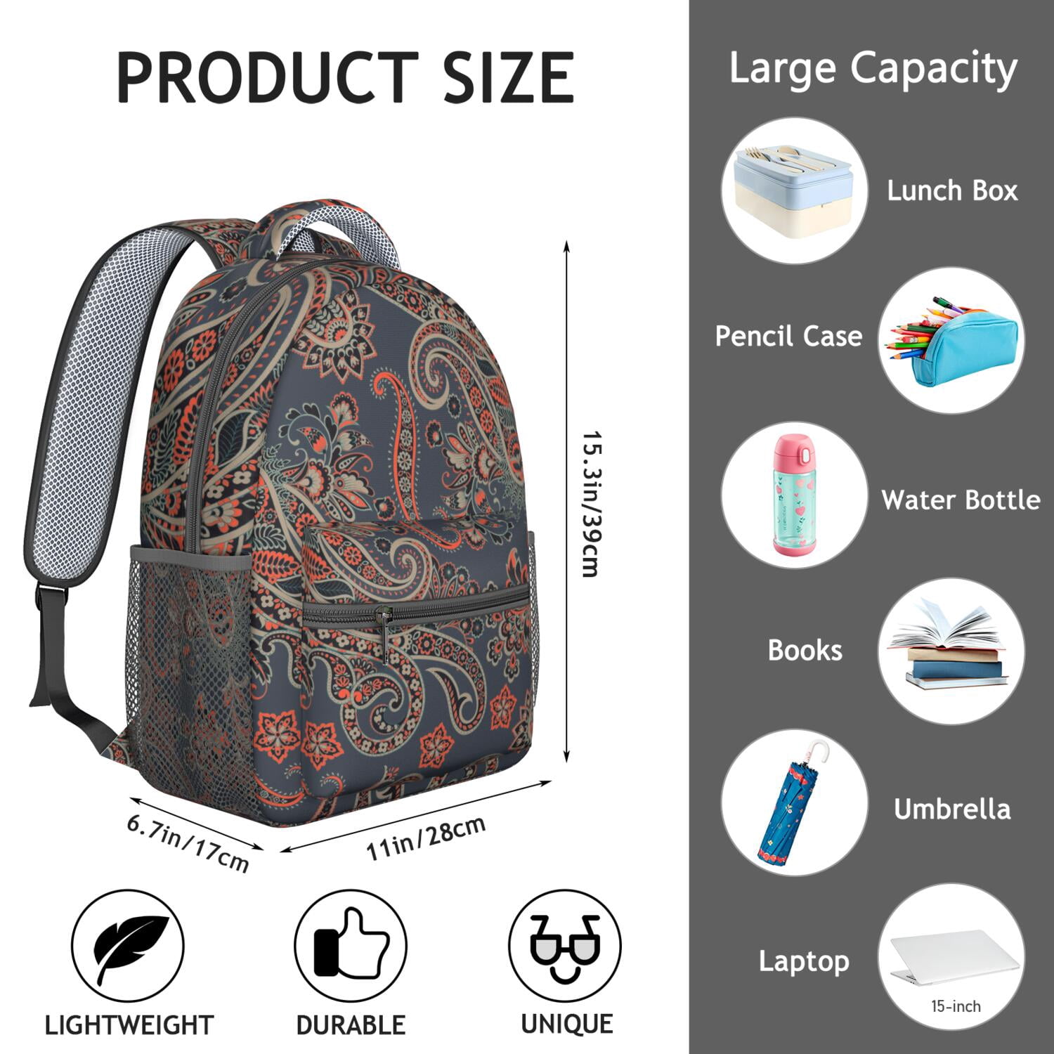 Decorative Paisley Print School Backpack - Waterproof & Breathable Bookbag with Adjustable Straps