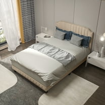 Gymax Full Upholstered Bed Frame with linen fabric vertical lines Rivets headboard