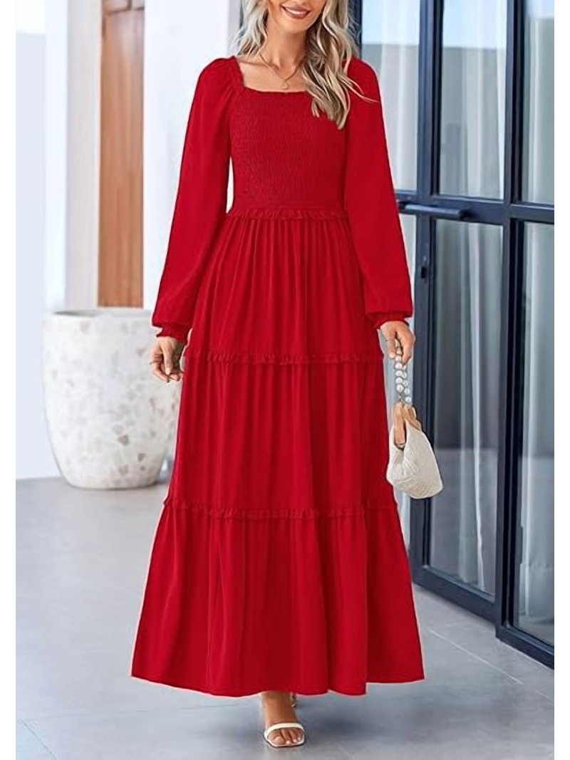 PRETTYGARDEN Women's Smocked Spring Maxi Dress Casual Fall Long Sleeve Square  Neck Tiered A Line Flowy Dresses with Pockets - Walmart.com
