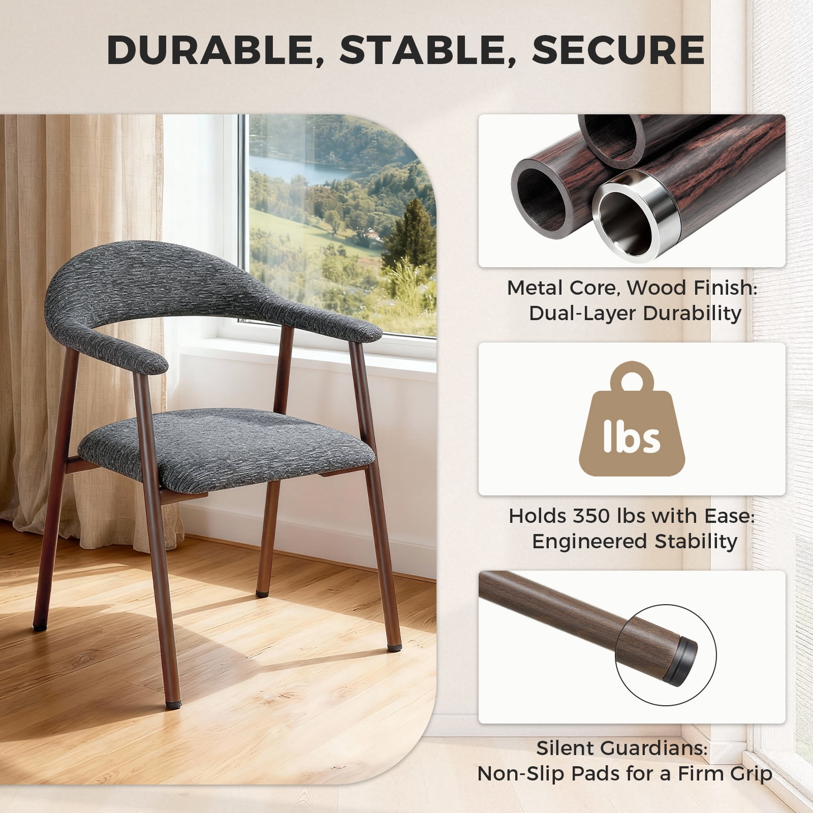 EDX Dining Chairs Set of 2, Modern Upholstered Kitchen Side Chairs for Dining Room, Ergonomic Padded Accent Seats with Sturdy Legs, Dark Gray