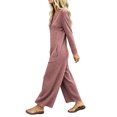 thumbnail image 7 of TEAJOPSUU Womens Waffle Knit Jumpsuit Long Sleeve Button Henley Neck Wide Leg Long Romper with Pockets Casual Loungewear Hot Pink, 7 of 7