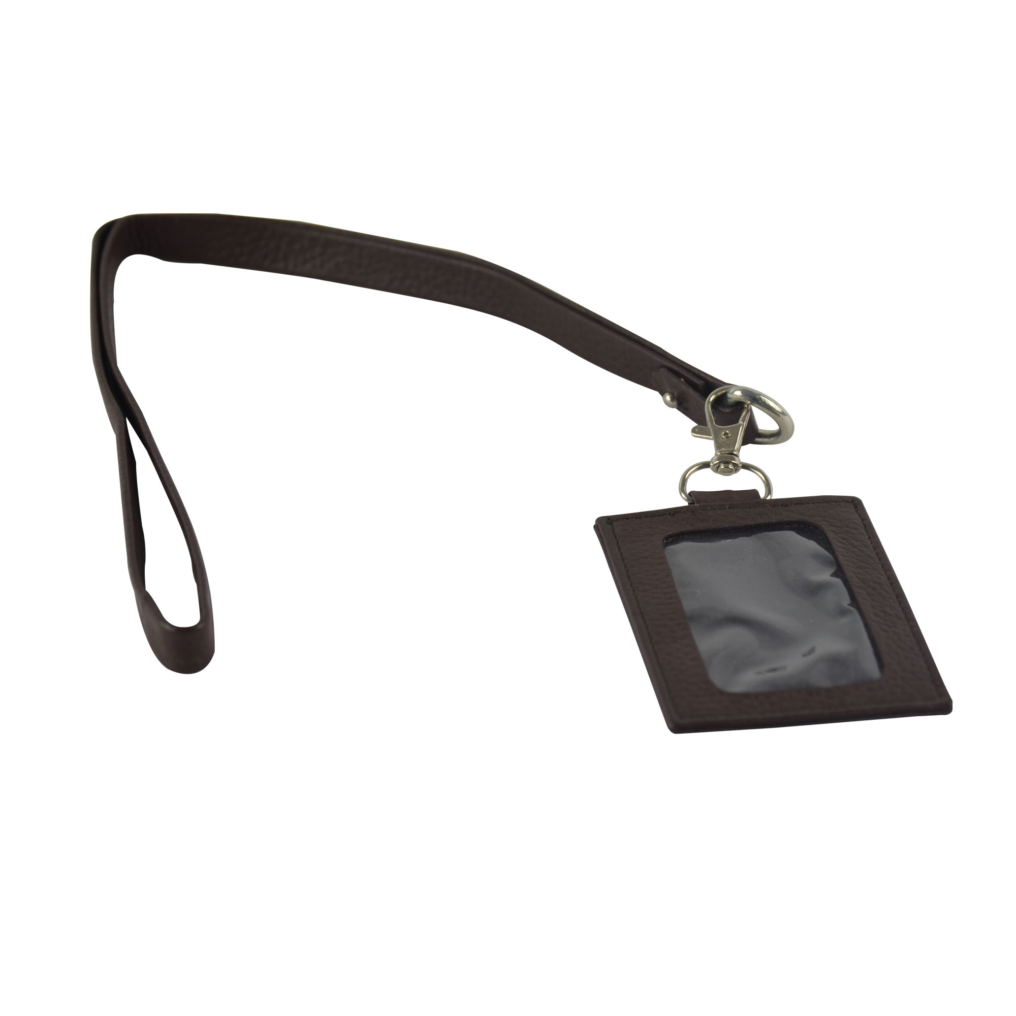 genuine leather badge / name tag holder with lanyard / neck strap, brown