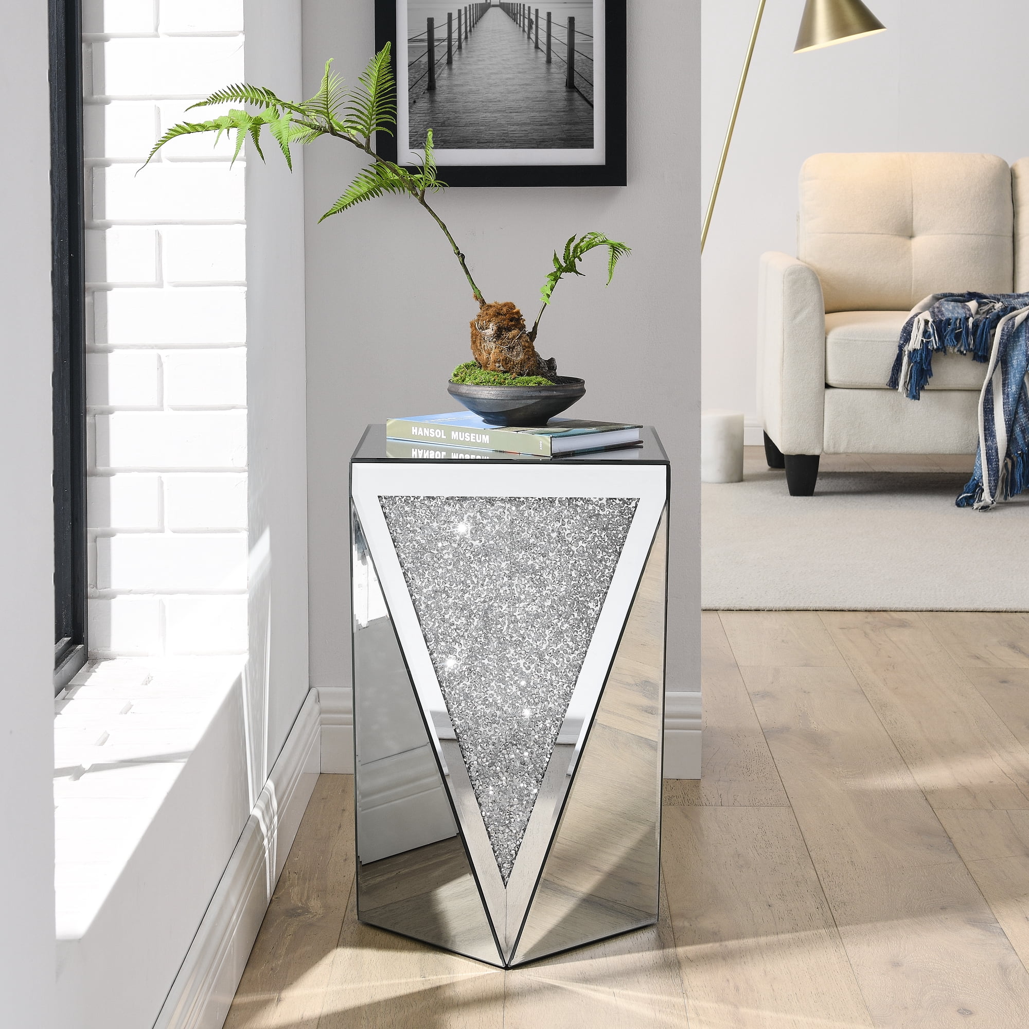 Inverted Triangular Mirror Square End Table, Silver Side Table with Crystal Diamond Inlaid, Glass Table for Corridors, Living Rooms, Bedrooms, Sofas