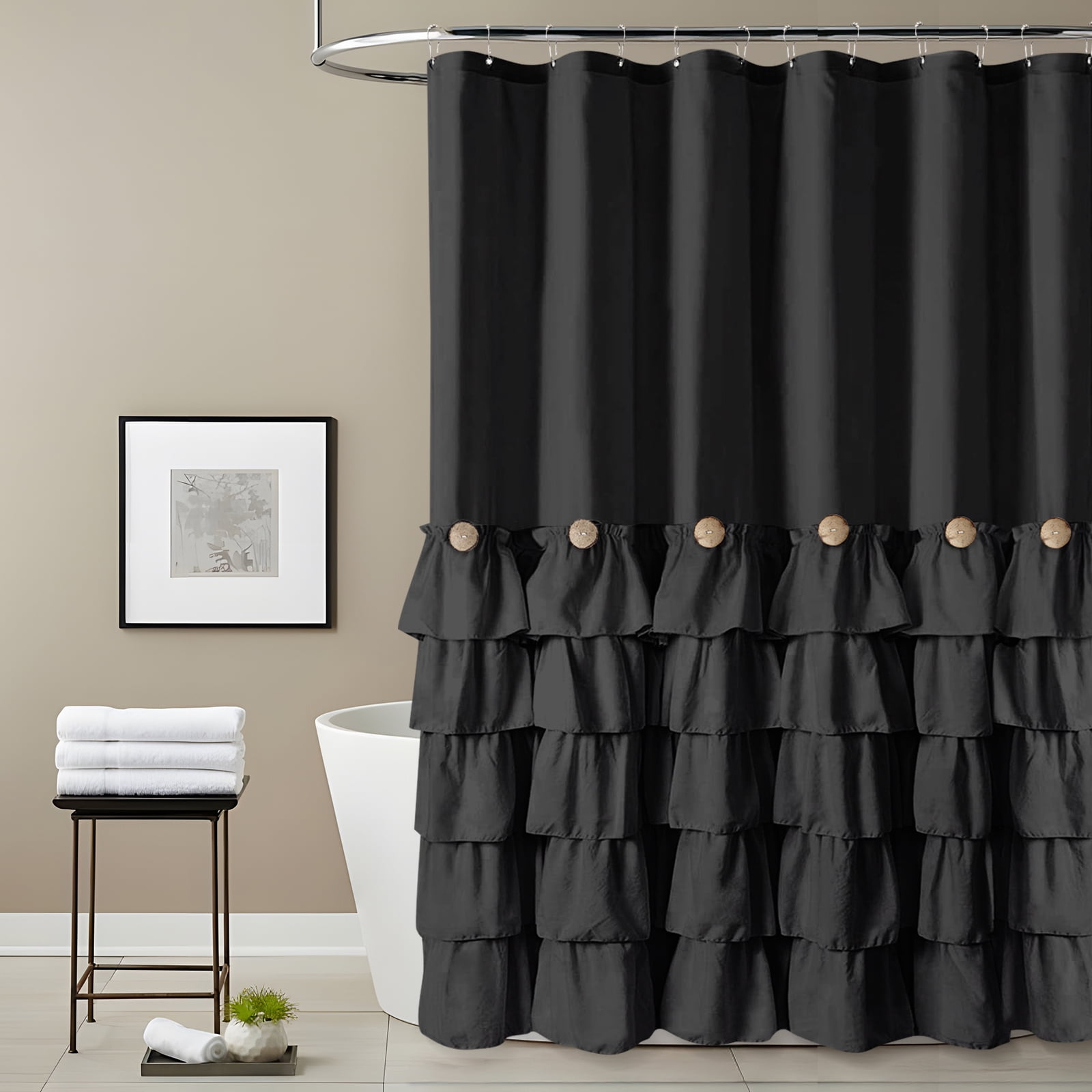 Seasonwood Farmhouse Ruffle Shower Curtain with Buttons and 12 Hooks for Bathroom, Black, 72" x 84"