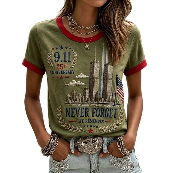 Womens 9/11 Never Forget T Shirt Patriotic Ringer Tee Vintage Memorial Graphic Top Twin Towers Tribute Short Sleeve Crewneck Casual Summer Gift for Her, Army Green-L