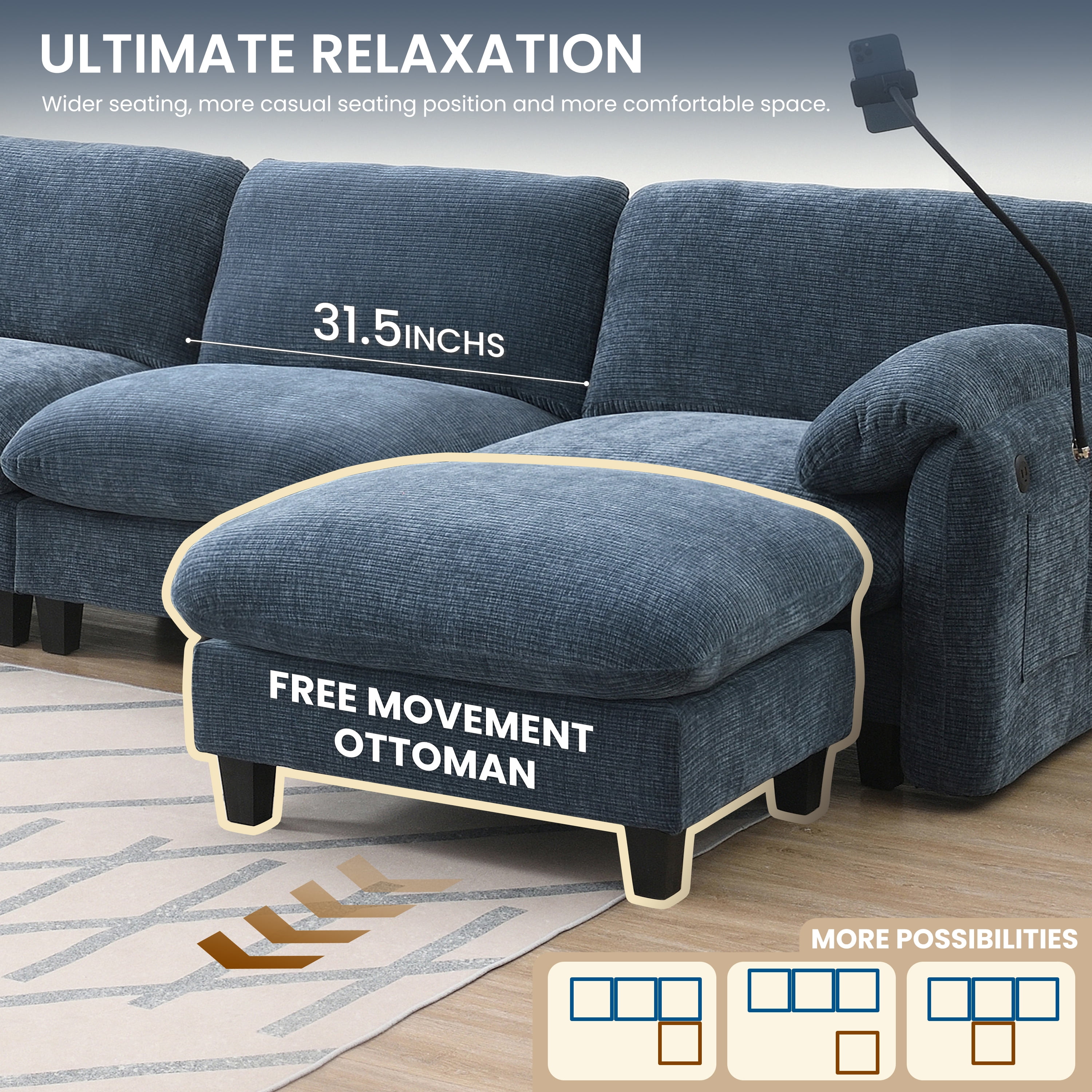 MAYEERTY 108" L-Shaped Modular Sectional Sofa with Wide Seat, USB/Type-C Charger & Ottoman, Striped Chenille