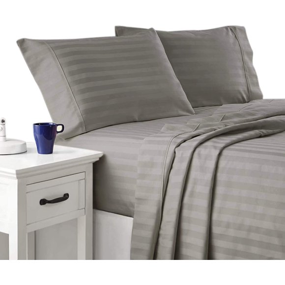 900 Thread Count 100% Egyptian Cotton 4-Piece Bed Sheet Set (1 Flat, 1 Fitted Sheet, 2 Pillow Covers) 30 Inches Deep Pocket Size Stripe Pattern