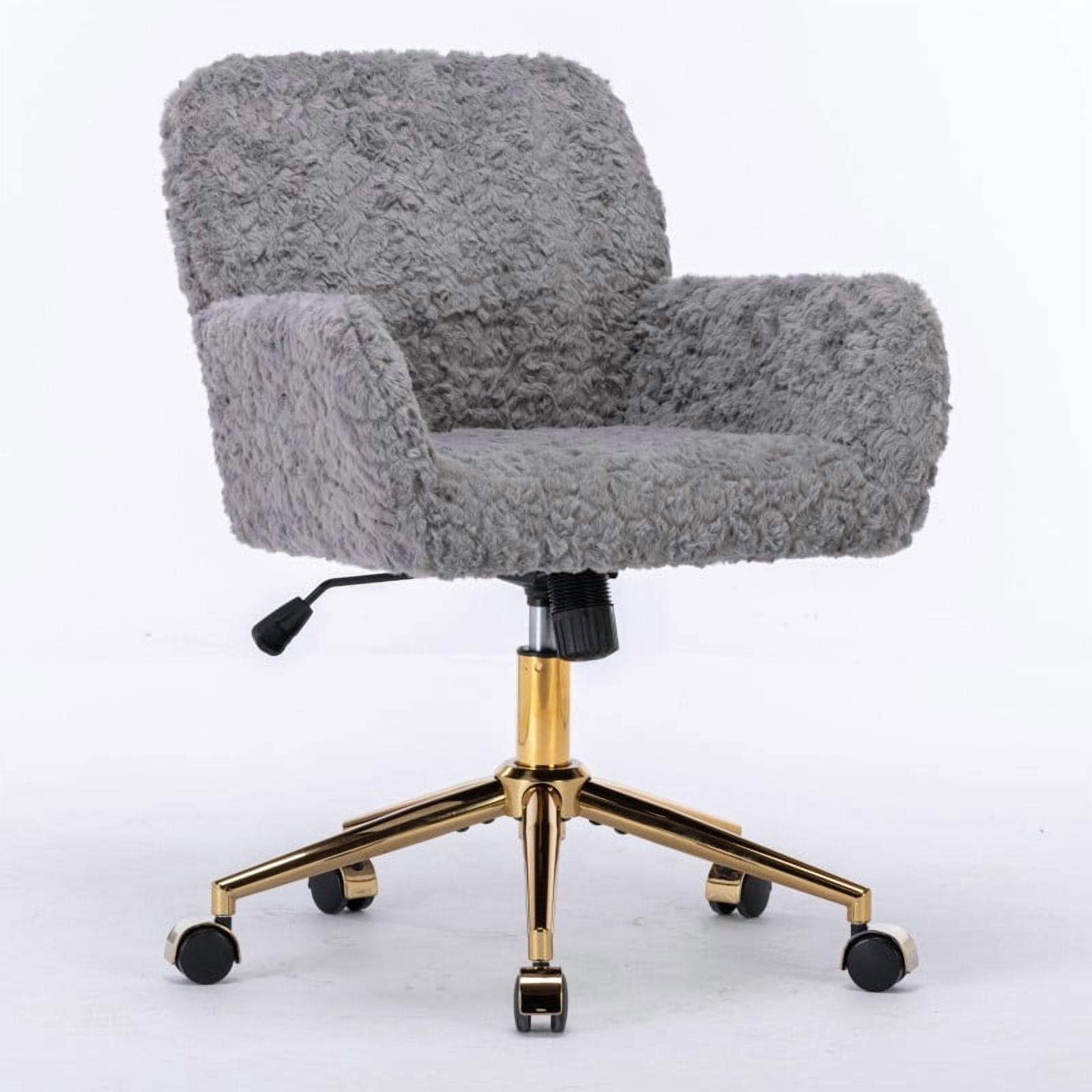 Faux Fur Office Chair for Women & Teens, Adjustable Swivel Desk Chair with Metal Base & Colorful Wheels, 22.5"W x 21.5"D, Ivory Vanity Chair/G