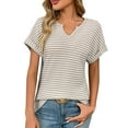 thumbnail image 2 of QUNYINEY Womens Shirts Casual Short Sleeve V Neck Striped Tops Going Out Pullover Loose Shirts, 2 of 5