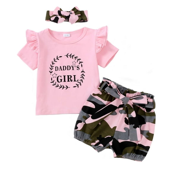 KIMI BEAR 3T Toddler Girls Summer Outfit Sets 4T Toddler Girls Ruffle Short Sleeves Pullover Top Letter Print T-shirt Camouflage Shorts Sets with Headband 3pcs Pink
