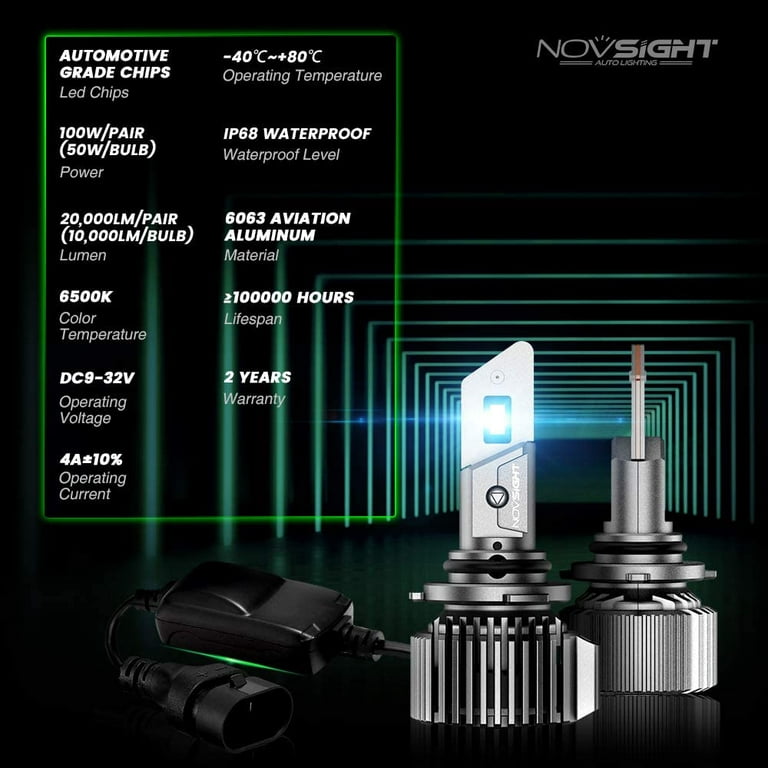 NOVSIGHT 9006/HB4 LED Headlight Bulbs, 100W 20000 Lumens 600% Extremely  Brighter High Power 9006 Low Beam Conversion Kit, 6500K Cool White, IP68