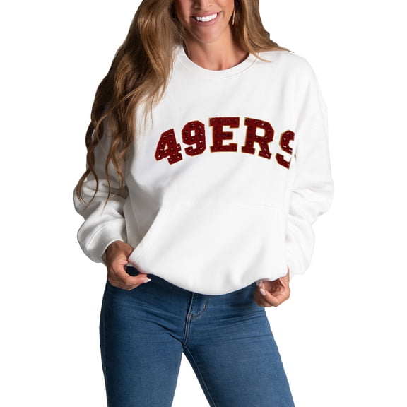 Women's Cuce White San Francisco 49ers Chenille Jeweled Sweatshirt
