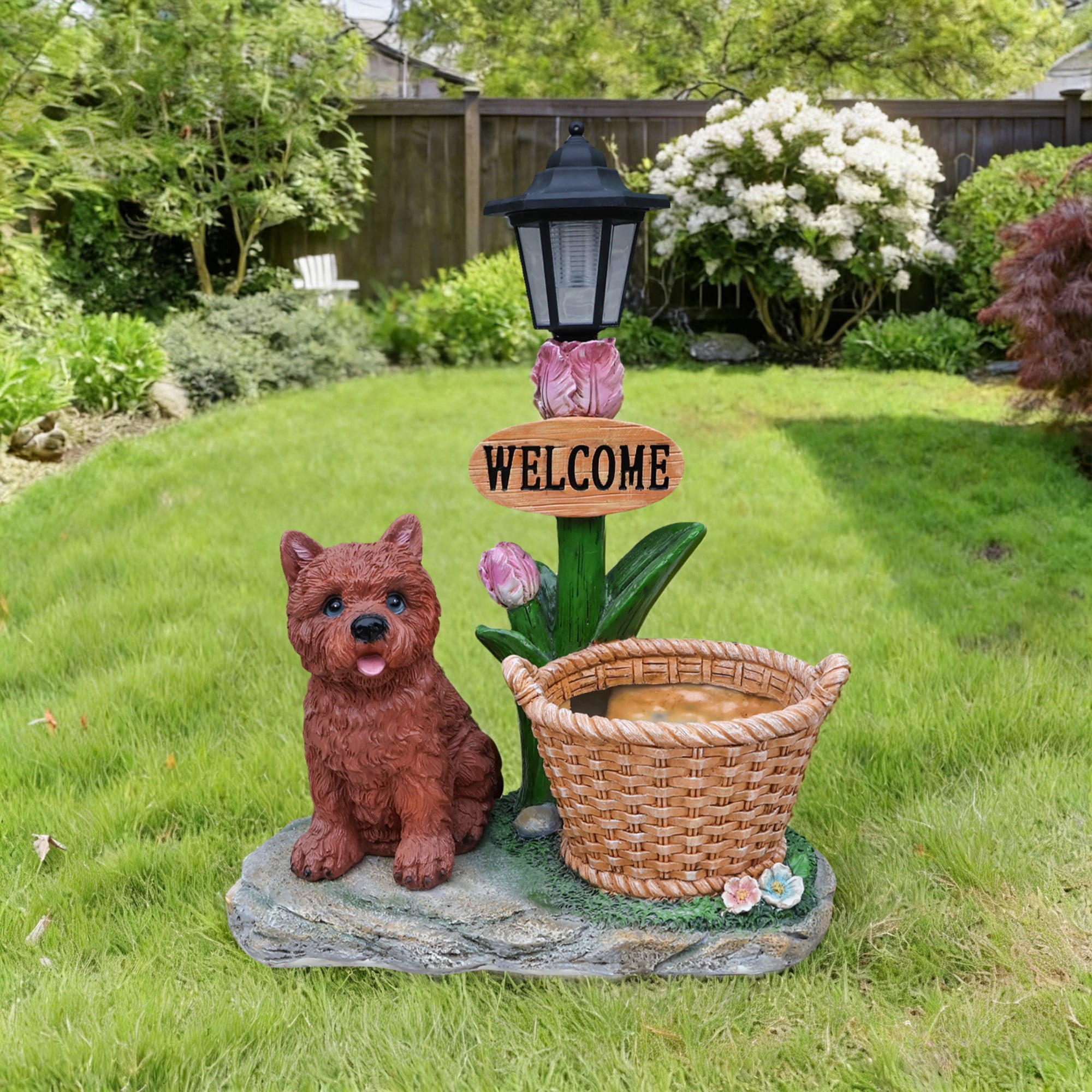 Sitting Puppy Solar Planter Statue, Brown Resin Garden Decor with LED Light for Yard Patio Balcony Outdoor