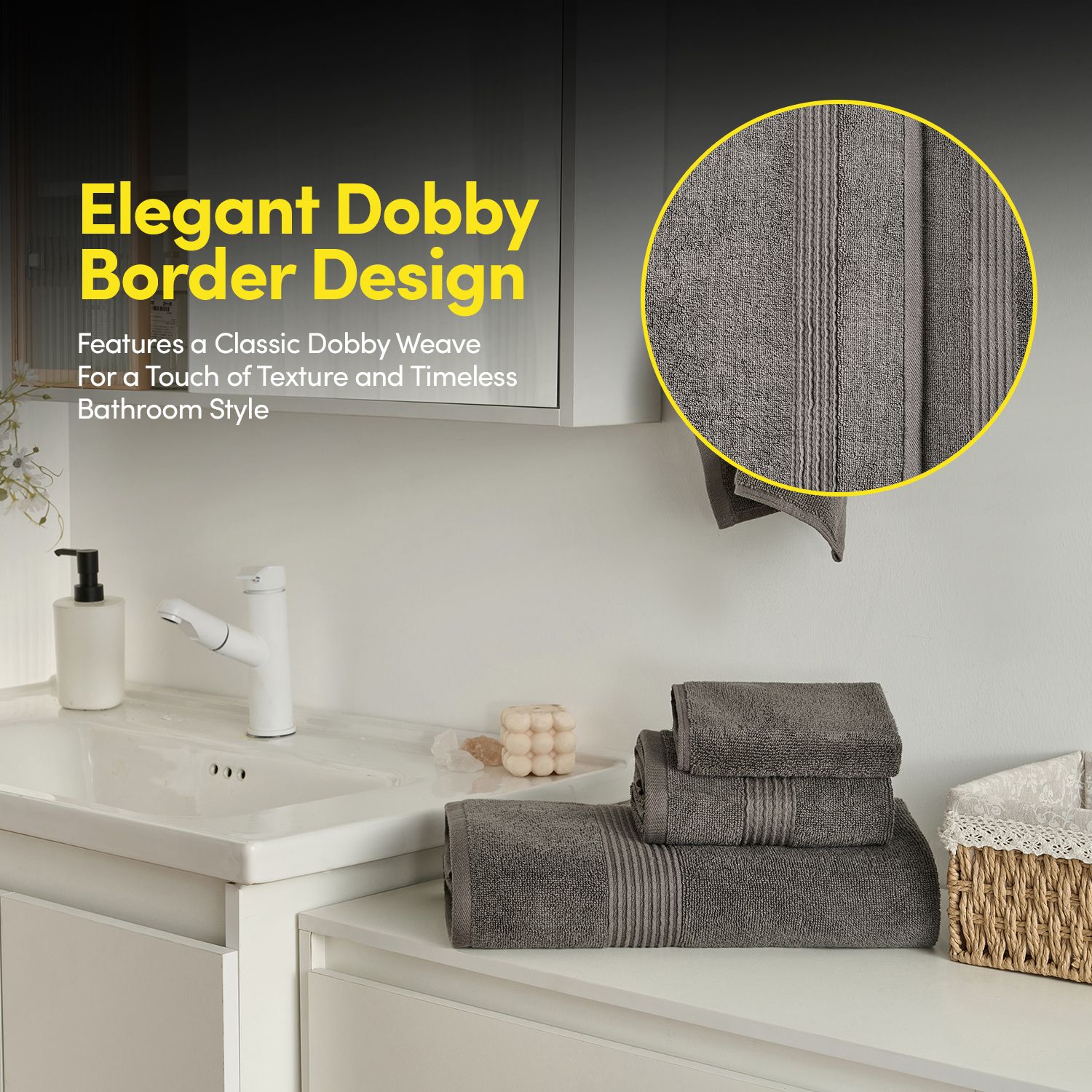 8pc 100% Combed Cotton Towel Set (2 Bath, 2 Hand, 4 Wash) - Grey