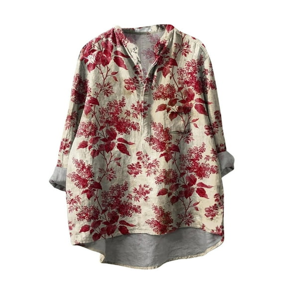Cqxid525 Ladies Tops And Blouses Flower Pattern Printed Women's Floral Casual Long Sleeved Shirt Pink L