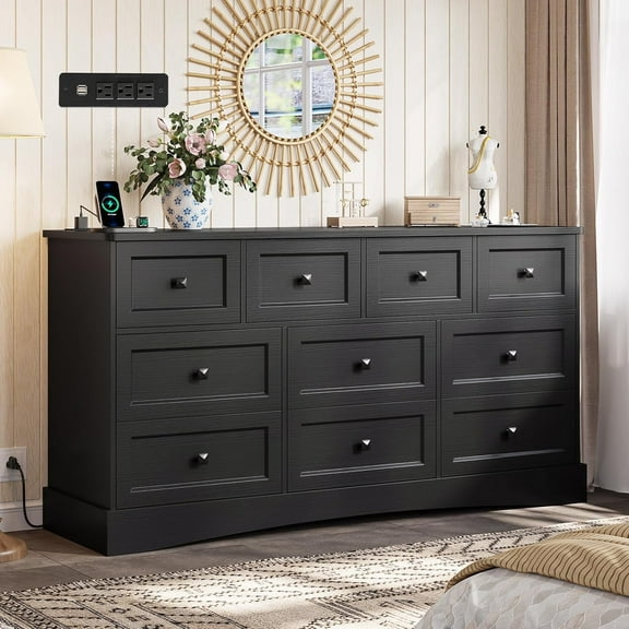 Farmhouse Dresser & Chest of Drawers with Charging Station, 10 Drawers Dresser, Large Wooden Storage Tower Organizerfor Living Room Closet, Black