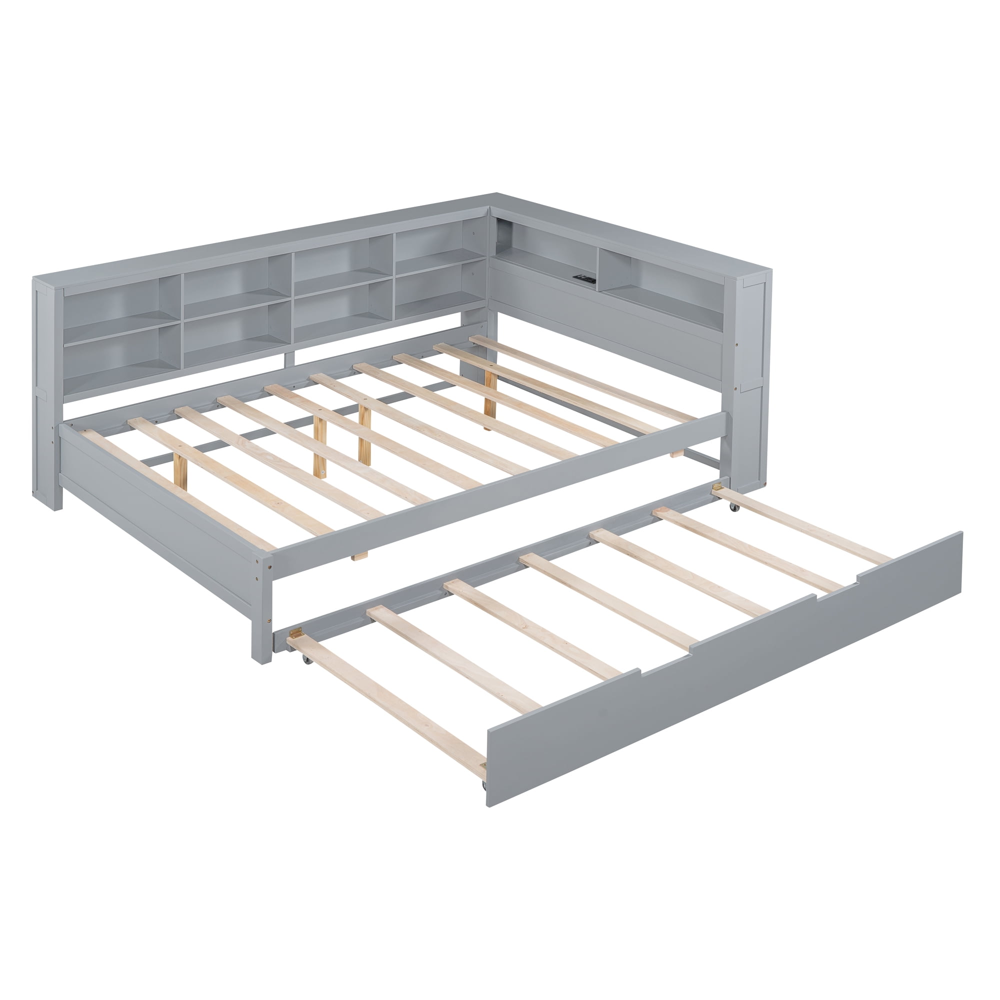Mintazer Modern Full Daybed Frame with Twin Trundle, Charging Station & Shelves for Bedroom, Grey