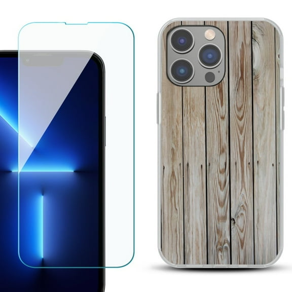 Slim-Fit Gel TPU Phone Case for iPhone 14 Pro Max, with Tempered Glass Screen Protector, by OneToughShield ® - Wood Print