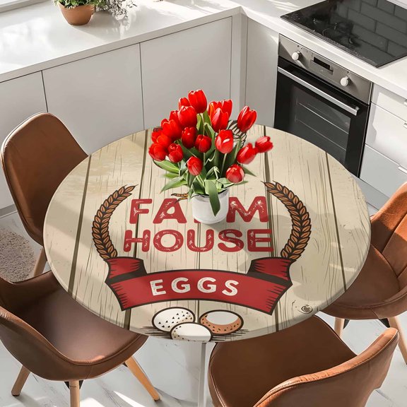 Farmhouse Chicken Elastic Fitted Round Tablecloth Retro Country Farm Egg Wooden Waterproof Outdoor Table Cover for Holiday Party, Picnic, Patio & Dining Fits Tables Up to 36"-44"
