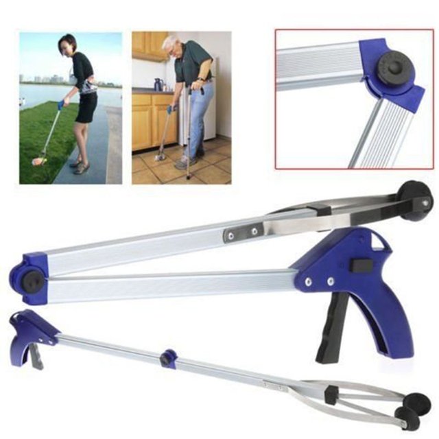 1pc 30 Folding Grabber Pick Up TOOL Reacher Extend Easy Reaching Stick Trash Stick, made of durable aluminum alloy and plastic in blue and silver. It folds to 42cm (16.5 inches) and extends to 81cm (31.9 inches), with a 15cm (5.91 inches) handle. Ideal for retrieving items from hard-to-reach places like water, grass, or under furniture. Features a trigger handle for effortless use.