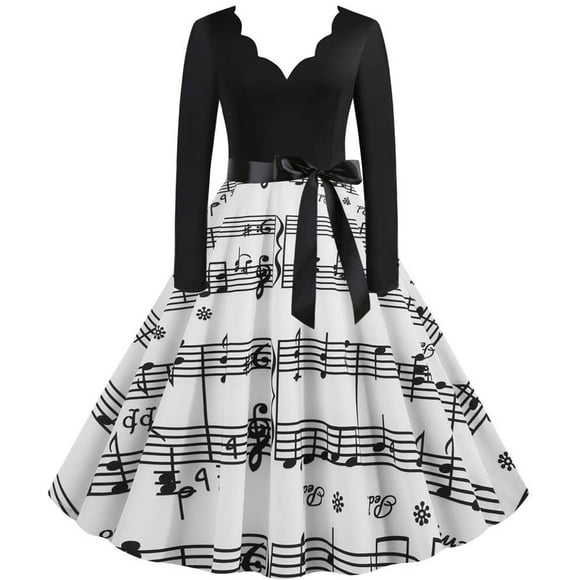 ATTOE Music Note Print Elegant Party Dresses Women 1950s 60s Retro Vintage Robe Plus Size Casual Christmas S-3XL (Color : A005, Size : Large)