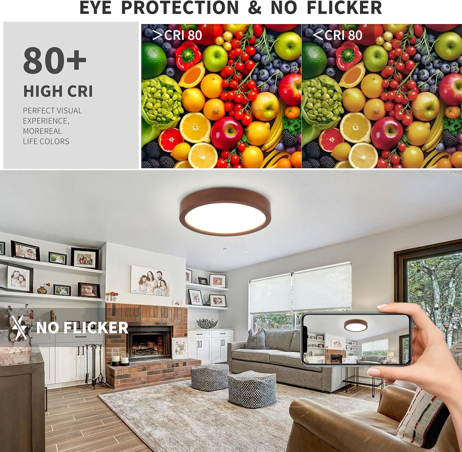 Modern Dimmable LED Ceiling Light with Wood Finish Flush Mount Fixture Adjustable 5CCT for Bedroom Kitchen Living Room Hallway 11.8 Inch