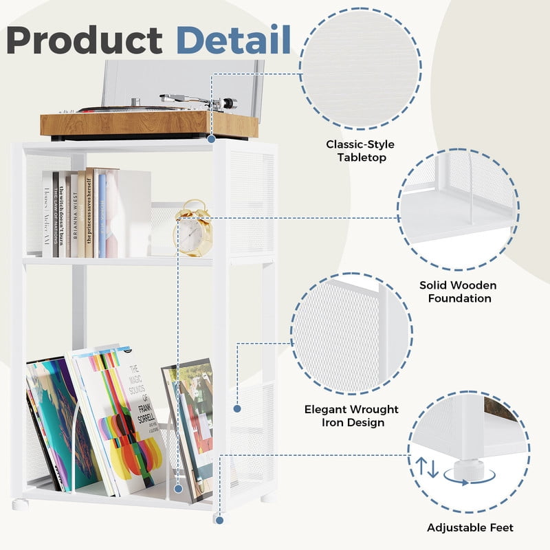Gianna Record Player Stand, 3 Tier Turntable Table with Vinyl Storage for up to 100 Albums, End Side Table for Living Room，White