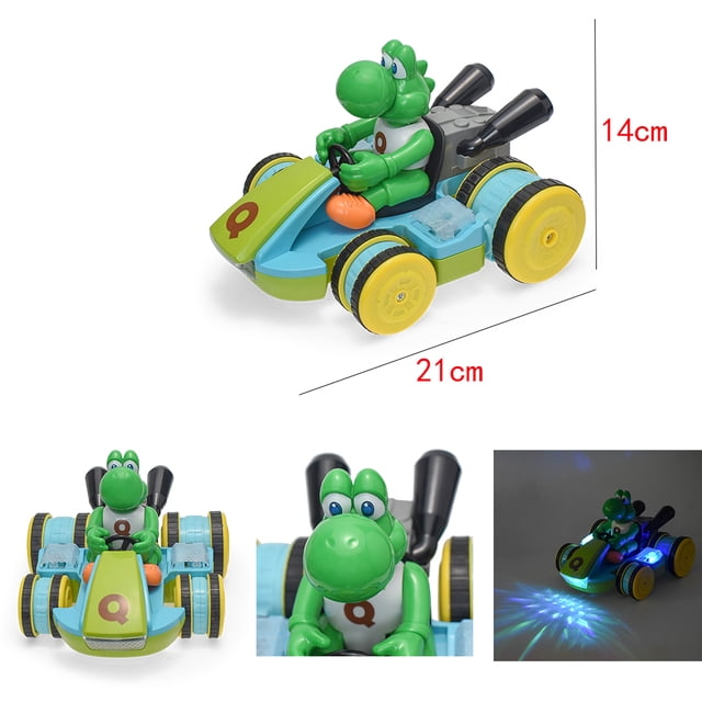 figuras de vehículos con carrito de Super Mario Bros, modelo de juguete, mario, luigi, yoshi, toad, figura de coche con control remoto, regalo para niños, cumpleaños, navidad — Yoshi en coche RC verde sin control remoto, 21 cm de largo x 14 cm de alto; plástico PVC con carrocería verde y azul, llantas amarillas con franjas negras, dos tubos traseros negros, marca con letra Q en el capó, primer plano del rostro de Yoshi y toma nocturna con luces LED; a menudo se usa también como pieza de exhibición para estantes de juguetes.