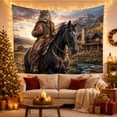 thumbnail image 3 of Lynx Cowboy on Horse in Mountain Valley by Cabin, Adventurous Surreal Art for Wildlife Fans, Western Decor, New Home Gift, Tapestry Wall Hanging for Den and Living Room, 3 of 7