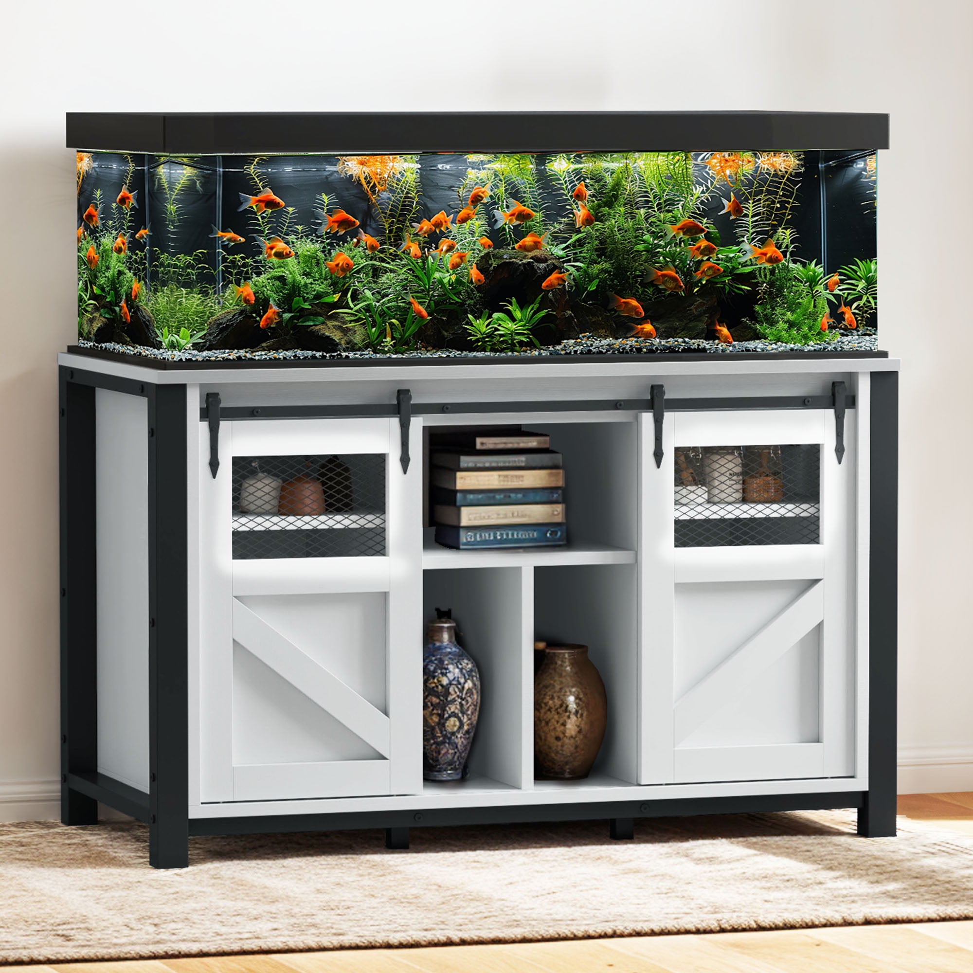 Uforic 120 gal Fish Tank Steel Stand with Storage, 1100 lbs Capacity, Power Outlets, Barn Door, White
