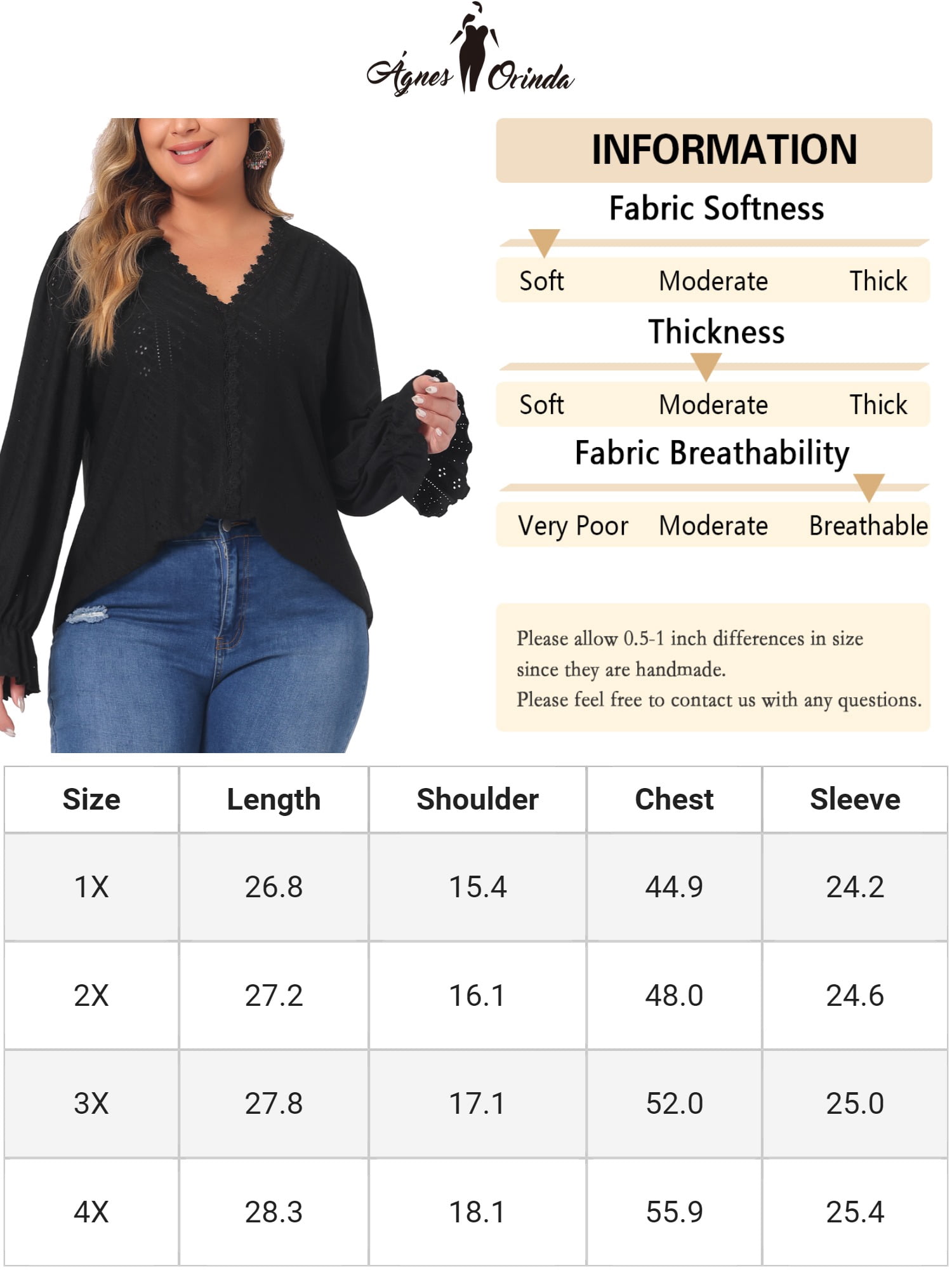 DARING DIVA Women's Plus V Neck Ruffle Long Sleeve Lace Crochet Casual Blouse 4X Black