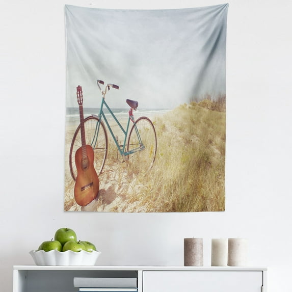 Blue Tapestry, Old Guitard a Vintage Bike Standing in the Beach Vacation Enjoy Summer Photo Art, Fabric Wall Hanging Decor for Bedroom Living Room Dorm, 5 Sizes, Blue, by Ambesonne