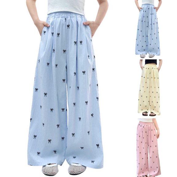 BXSRUTA Girls Bow Print Wide Leg Pants Elastic High Waist Palazzo Trousers with Pockets Casual Loose Fit Summer