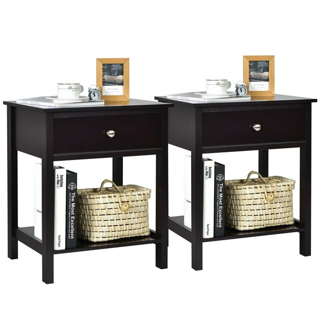Gymax Table de Chevet Moderne à 2 Niveaux 2 Pcs avec Tiroir et Tablette Ouverte Brun