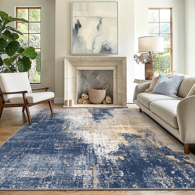 5x7 Area Rugs for Living Room and Bedroom, Machine Washable Non Slip Rug Low Pile Lightweight Indoor Carpet, Distressed Abstract Navy Taupe