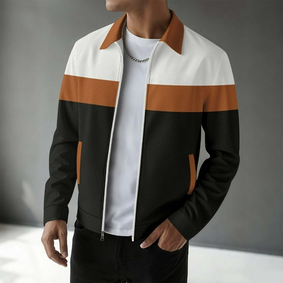 Men's Color Block Jacket Lapel Collar Zipper Cardigan Long Sleeve Casual Lightweight Fall Fashion