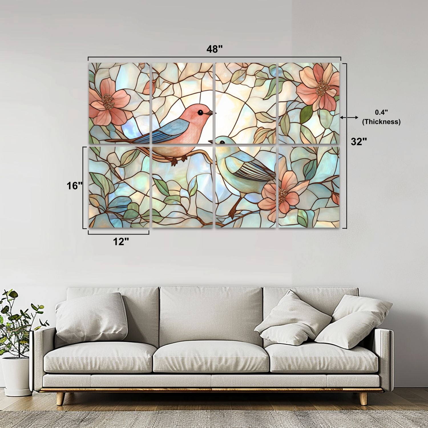 Stained Glass Style 8 Pack Art Acoustic Panels Sound Absorbing Birds Flowers Branches Decorative Soundproof Wall Panels Self Adhesive for Nursery Game Room Bedroom 48"x32"