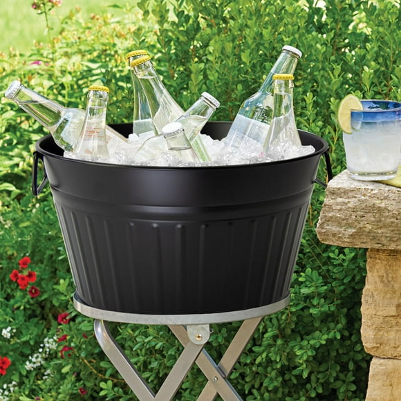 Hometrends Matte Black Metal Round Tub with Metal Handle 15 inch DIA x 9 inch H, 1 Piece, Round tub