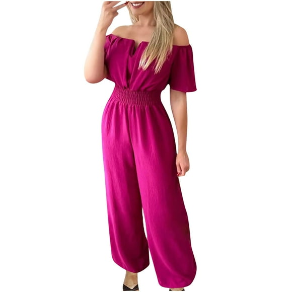 Penkiiy Jumpsuits for Women Women's One Line Neck Waist Loose Straight Jumpsuit Versatile Pants Hot Pink M Jumpsuits