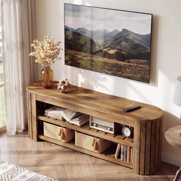 Tribesigns 63" Solid Wood TV Stand for 55/60/65/70-Inch TVs, Entertainment Center with 2-Tier Storage Shelves for Living Room, Brown
