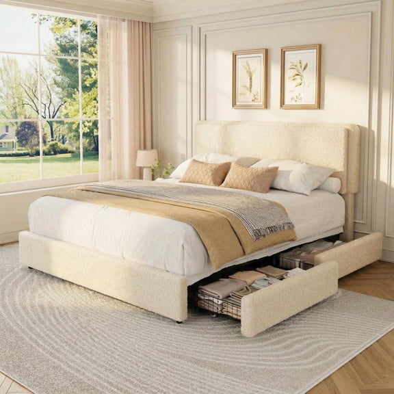 Teddy Fleece Upholstered Platform Bed Frame with 2 Storage Drawers, Adjustable Headboard, No Box Spring Needed, Cream Beige, Queen Size