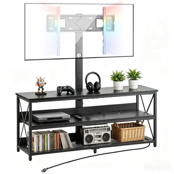 VEVOR TV Stand with Mount, 47.2 Inch, TV Stand Console with Power Outlet, for 32-75 Inch TVs, Height Adjustable Swivel Entertainment Center with Open Storage Shelf, for Living Room Bedroom, Black
