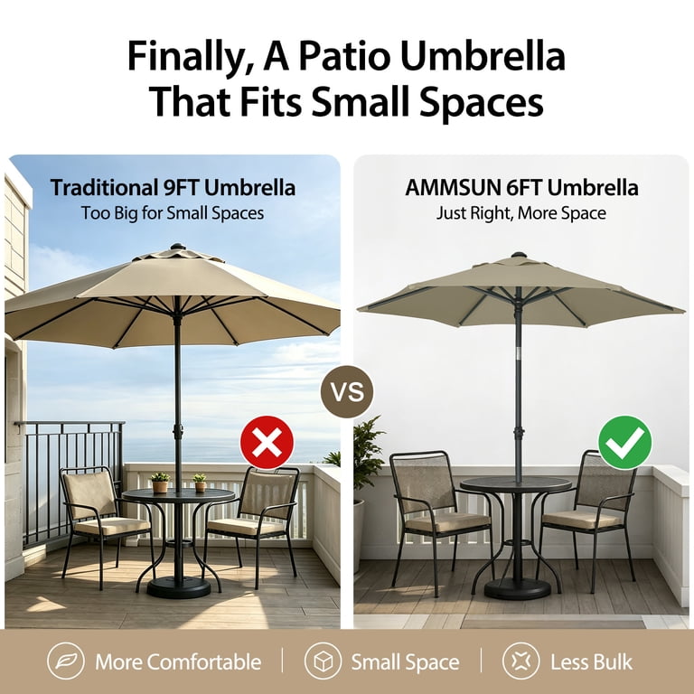 AMMSUN 6ft Round Patio Umbrella, Khaki UPF50+ photo 3