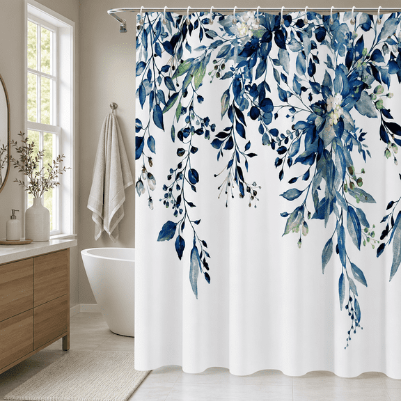 Blue Shower Curtains for Bathroom, Waterproof Floral Fabric Shower Curtain, 72.1 x 72.1 Inch Set with 12 Hooks for Home and Hotel Decor